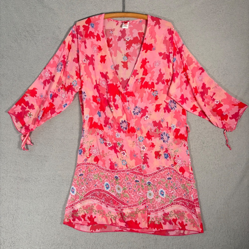 Josie Natori Kimono Robe Large Pink Camouflage Floral Print Wrap Tunic Top Boho
